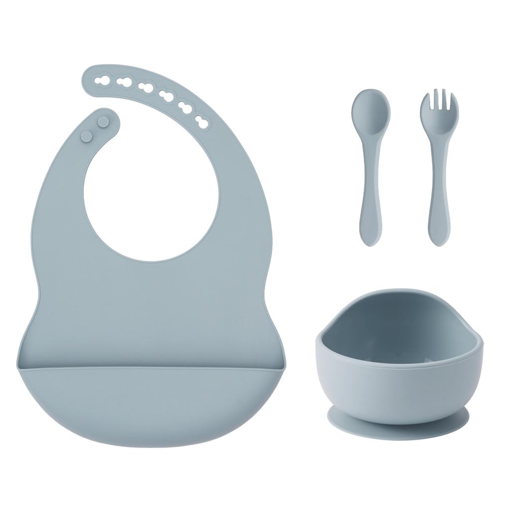 Color Kids 4PCS Silicone Baby Feeding Set With Spoon Bib Suction Bowl BPA Free Toddler Training Spoon Fork Tableware Baby Stuff