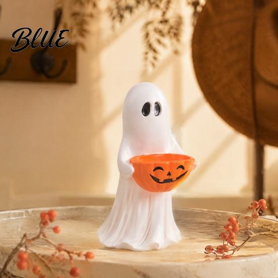 Small Figurines for Bedroom Resin Ghost Statue with Pumpkin Candy Bowl Halloween Table Decor Decorations Cute Desktop Organizer Living Room