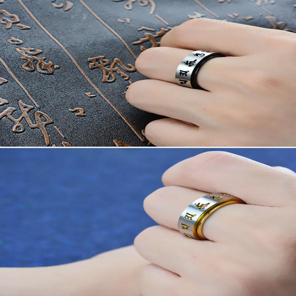 Gold Retro Carved Rotatable 6 Lucky Words Om Mani Padme Hum Mantra Rings for Wome men - us12
