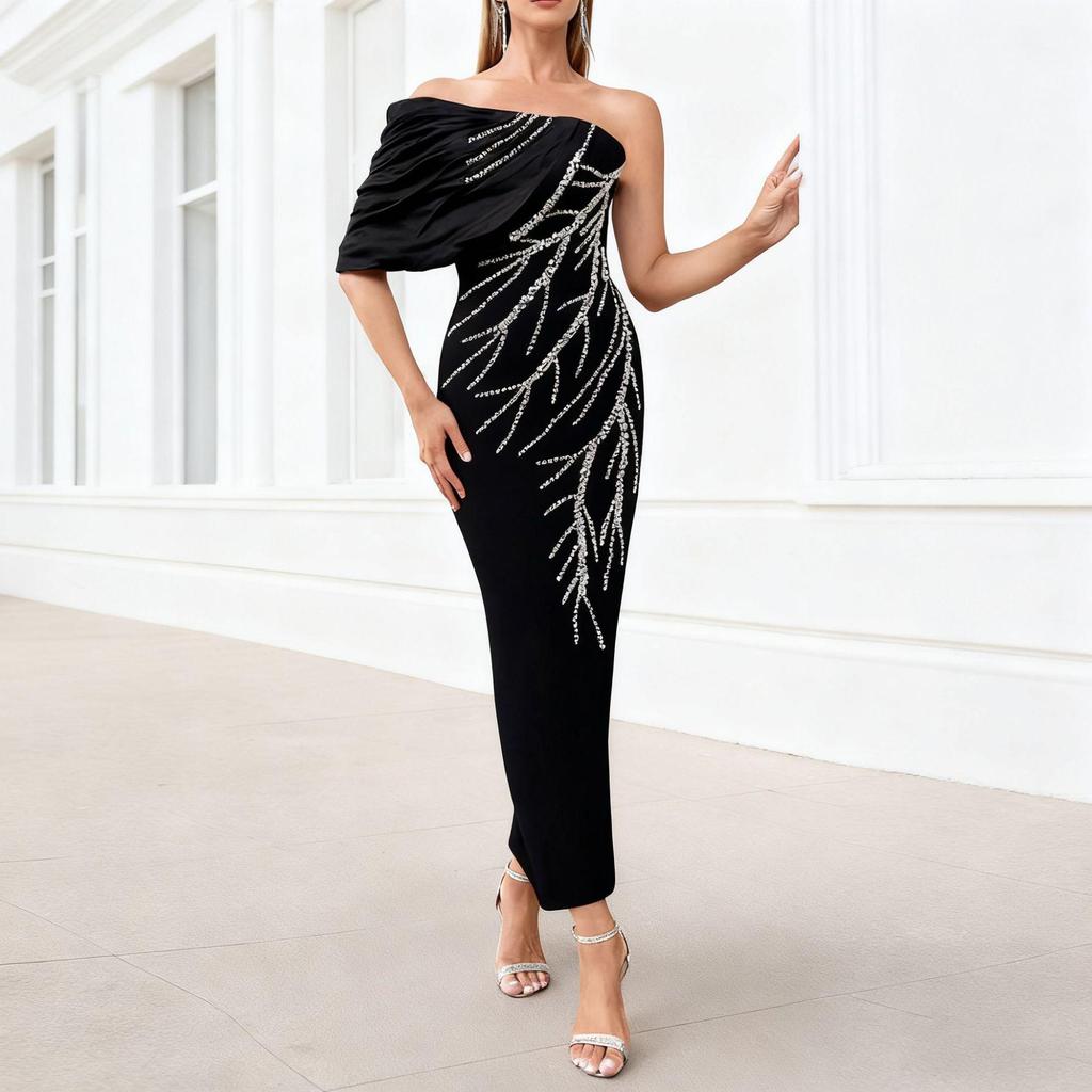 Elegant Handmade Beaded Off-the-Shoulder European & American Bandage Evening Dress