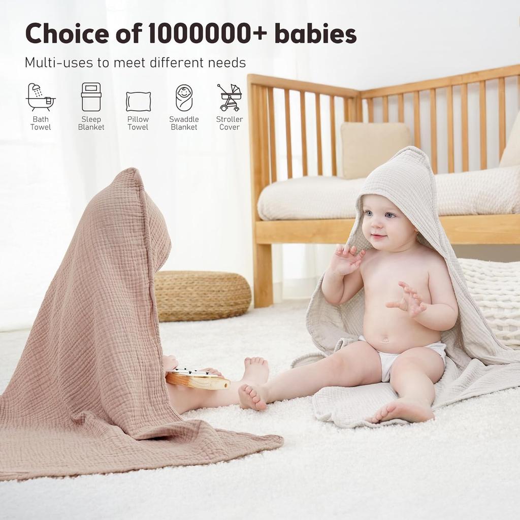 Newborn cotton gauze hooded bath towel (coffee + cream color, 2 packs)