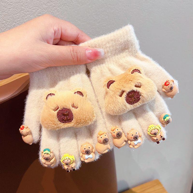 1 Paar Niedliche Cartoon Capybara Handschuhe Kinder Winter Dicke Handschuhe Outdoor Winddicht Warme Handschuhe Kältefest Fünffingerhandschuhe Geschenke