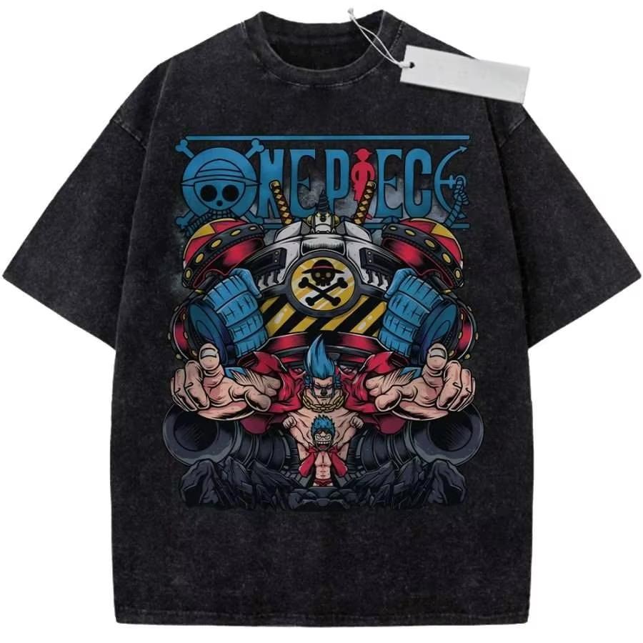 

Unisex Black Washed Vintage T Shirt One Piece Franky Cyborg Mecha High Quality New cotton Summer Tshirt Men and Women XL