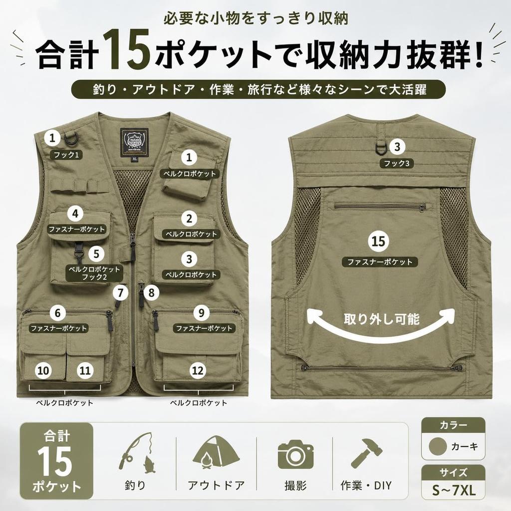 [songlibin] Fishing Vest M Vest with Storage Pocket Outdoor Ivory