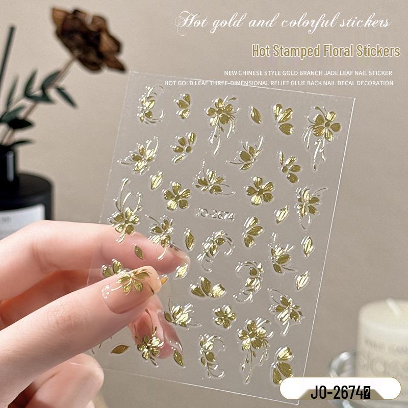 2025 Autumn/Winter Retro Gold Foil Nail Art Stickers: Embossed Floral Branches & Jade Leaves Accessories