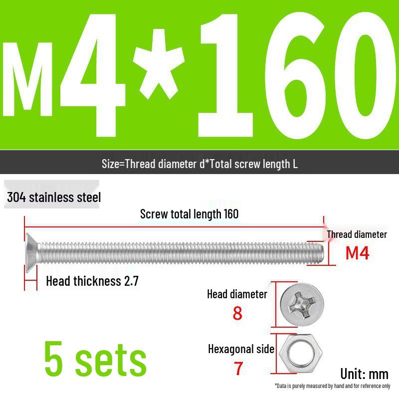 304 Stainless Steel Extra Long Phillips Flat Head Screws and Nuts Set (2M, 3M, 4M)