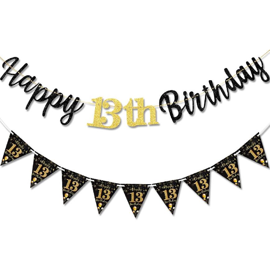16th Birthday Decorations Banner Boys Girls, Black Gold Happy 16thBirthday Banners for Girls Boys (Birthday 16th)