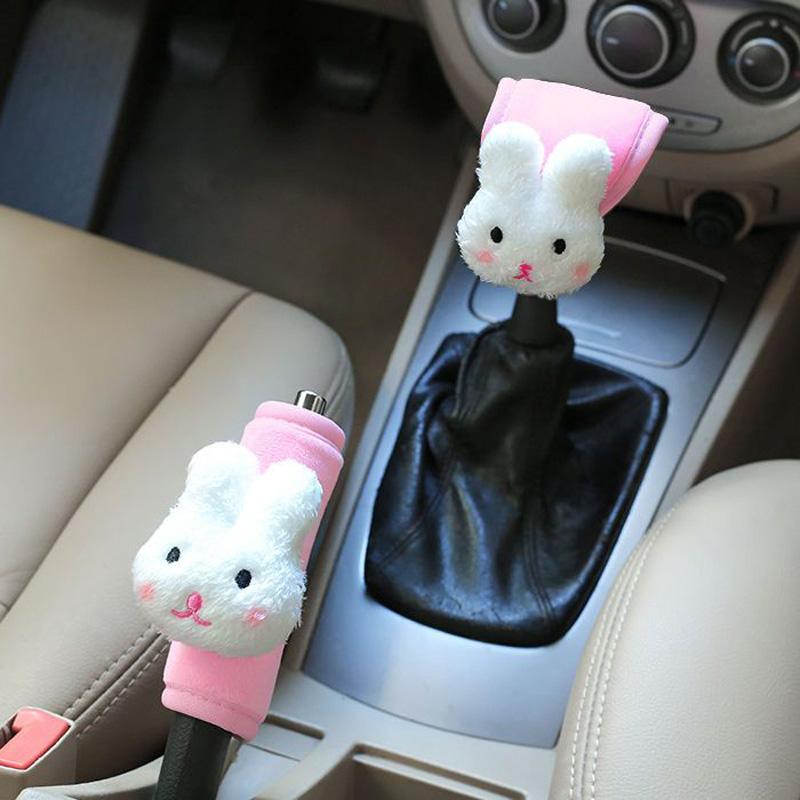 2 stk Søt Tegneserie Kanin Bjørn Universal Bil Girspakdeksel Mykt Plysjhåndtak Bremsedekselsett Biltilbehør Interiør