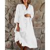Solid Color Casual Women Plus Size Stand Collar Button Up Cotton Linen Dresses Plus Size Loose Long Shirt Dress