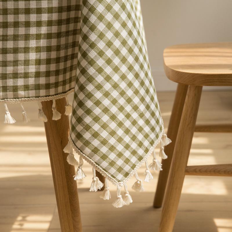 Inyahome Vintage Gingham Checkered Plaid Tablecloth With Tassel Table Cover Cotton Linen Tablecloths For Dinner Party Indoor Use