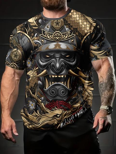 Warrior Dragon Print Super Stretch Casual Short-sleeved Men's Daily Party Home Social T-shirt Solid Color Street Fashion