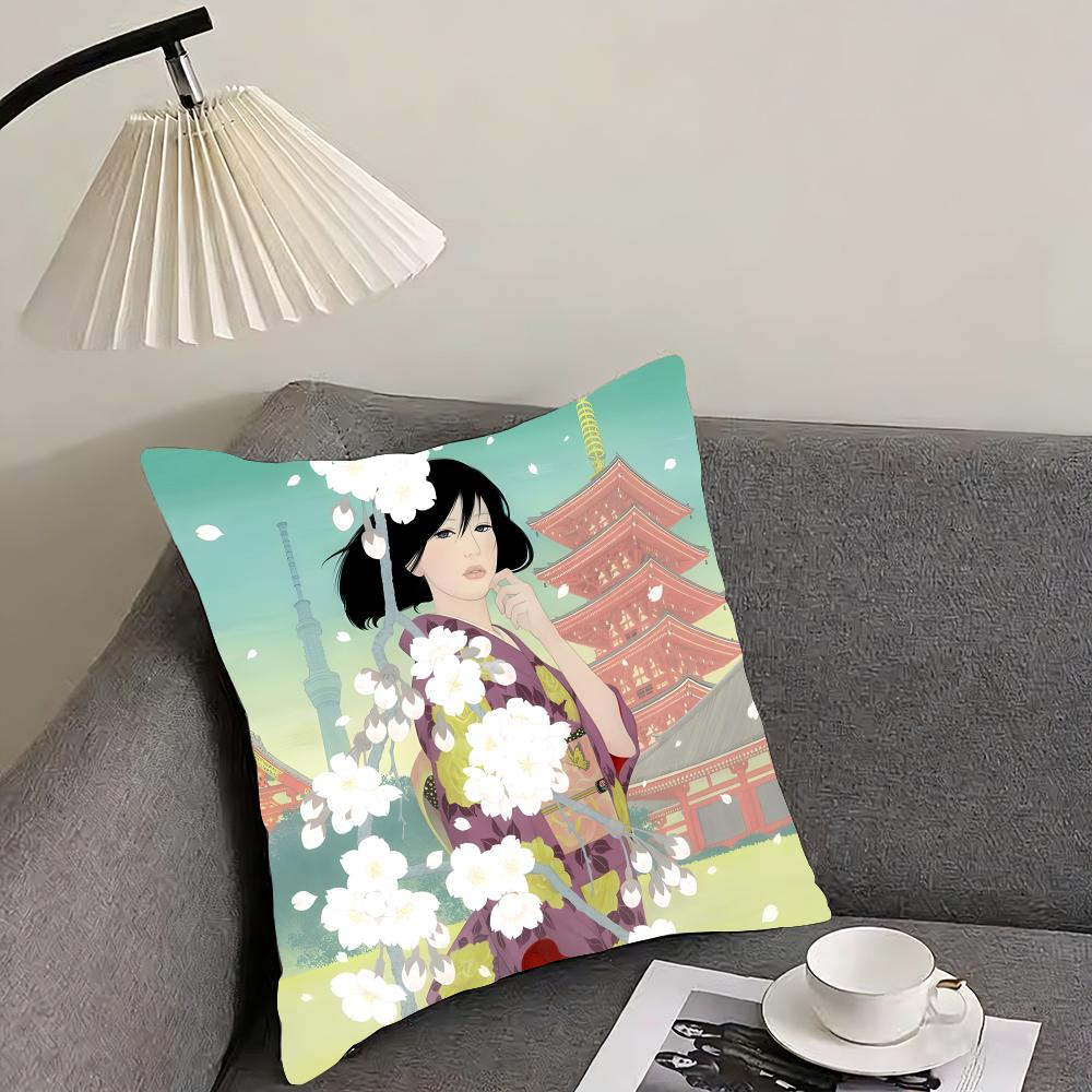 Kimono Girl Japanese Style Cushion Cover Pillowcase Ultra Soft Skin Friendly Fabric Cloud Like Comfort Concealed Zipper