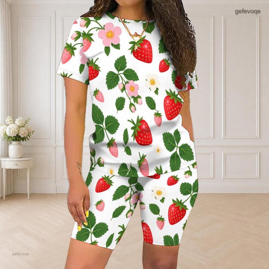 Women Plus Size White Floral Printed Round Neck Short Sleeve Top Fitted Shorts Two Piece Set