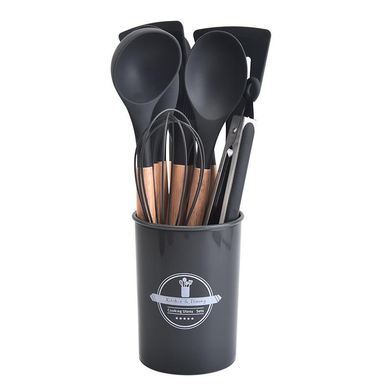 Wooden Handle Silicone Kitchen Utensils 12-Piece Set Nonstick Cooking Spatula Spoon Heat-Resistant Silicone Kitchen Tools Set