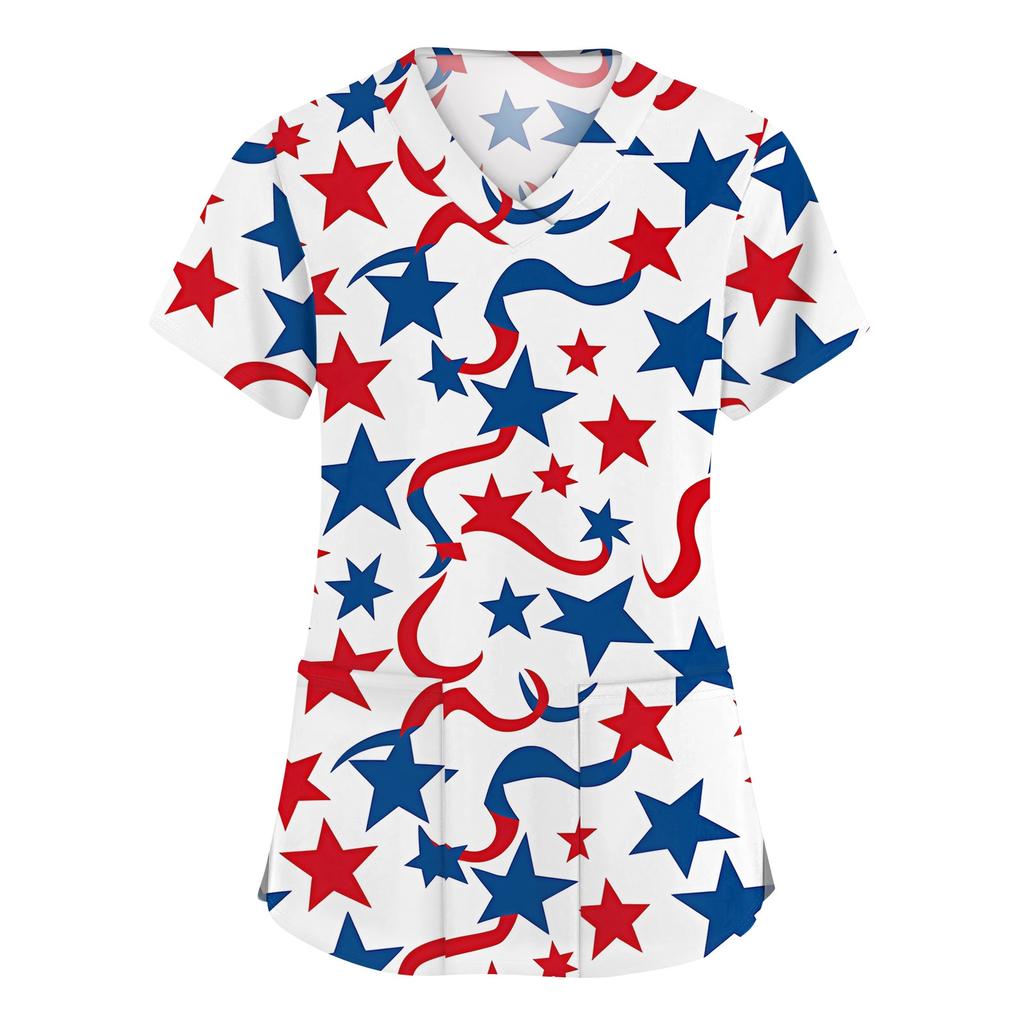 Women's Fashion V-neck Short Sleeve Workwear With Pockets Printed Tops