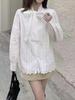 2026 French Light Luxury Lace Embroidery Women's Bow Tie Loose Top for Early Spring