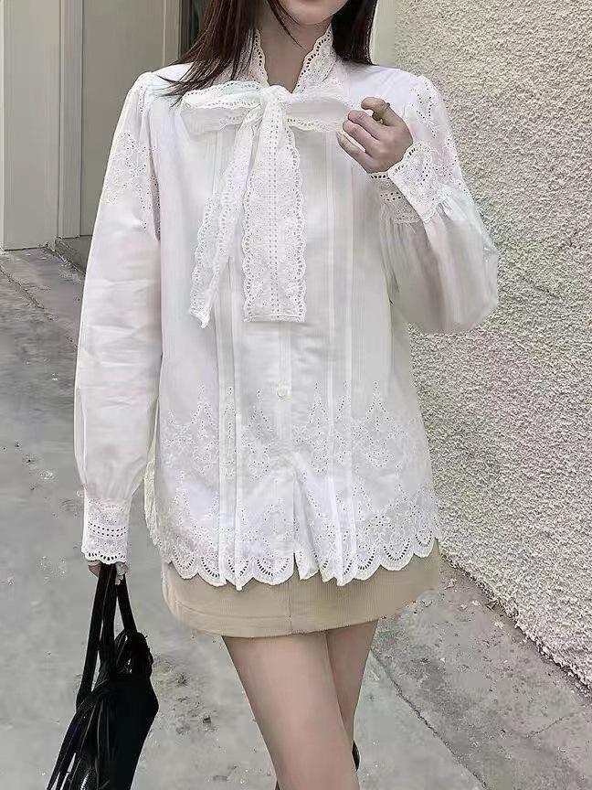 2026 French Light Luxury Lace Embroidery Women's Bow Tie Loose Top for Early Spring
