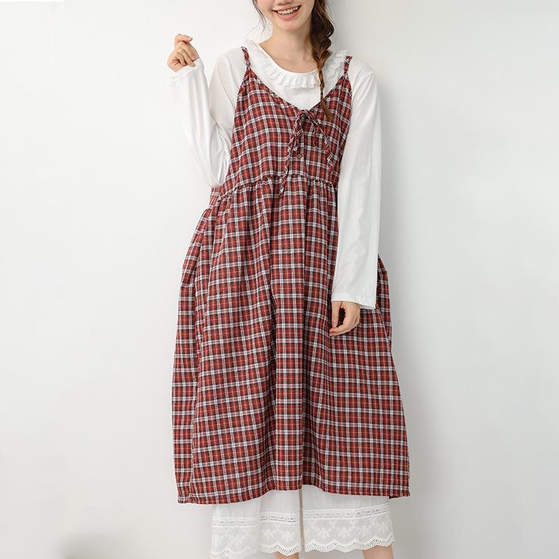 2026 Spring/Summer Mori Girl Lace-up Plaid Maxi Dress - Versatile Layered Camisole Skirt One Size красный