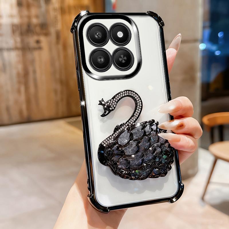 KEYSION Shockproof Plating TPU Phone Case for HONOR X7d 5G Glitter Jewelled Swan kickstand Back Cover for Honor 400 Smart 5G
