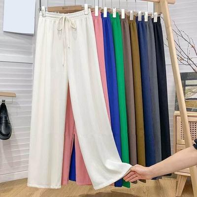 Summer Casual Pants Elastic High Waist Adjustable Drawstring Long Trousers Solid Color Pleated Straight Wide Leg Pants