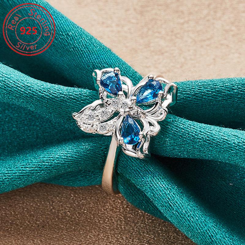 Pure silver hollow blue butterfly synthetic zircon ring, luxurious classic fashion design, perfect for daily wear and parties