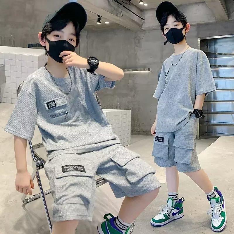 Sommer Kinder Jungen T-Shirt + Shorts 2-teiliges Set Buchstabendruck Kinder Teen Lose Bequeme Sport Freizeitkleidung 4-14 Jahre alt