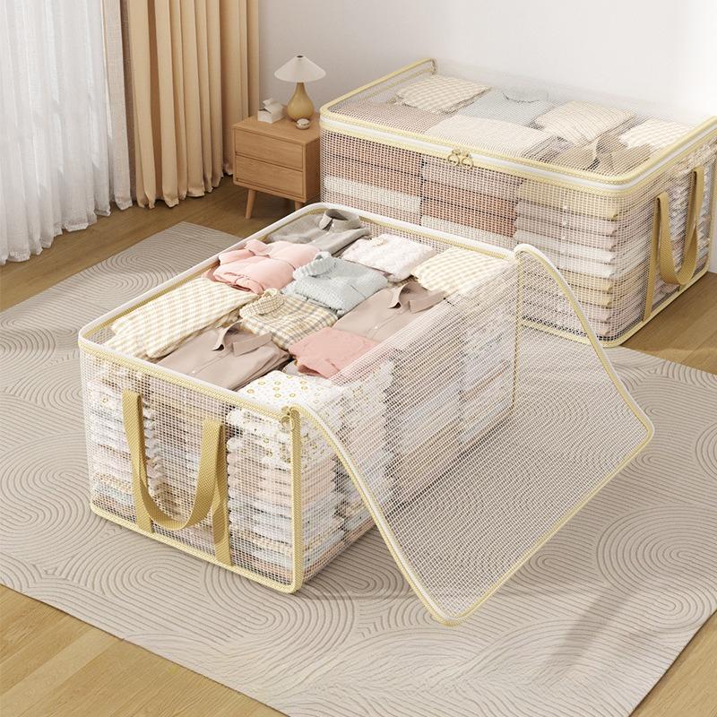 Clear Mesh Storage Boxes with Sturdy Handles, Foldable Breathable Visible Clothes Organizer Bin for Closet, Towels, Bedding & Household Sundries