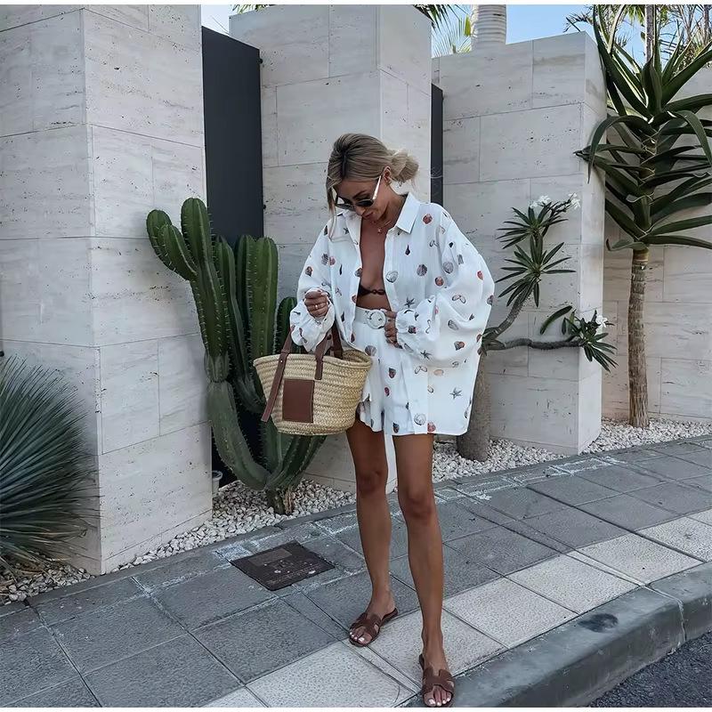 2026 European/American Linen Print Cardigan & Shorts Set - Casual Holiday Wear