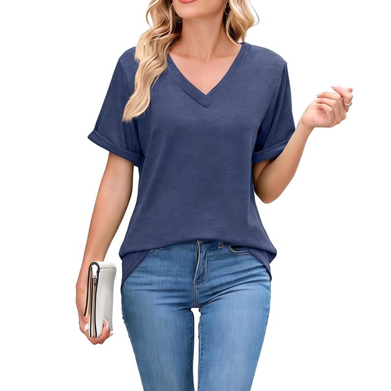 Women's Solid Color V-Neck Casual T-Shirt Short Sleeve Top