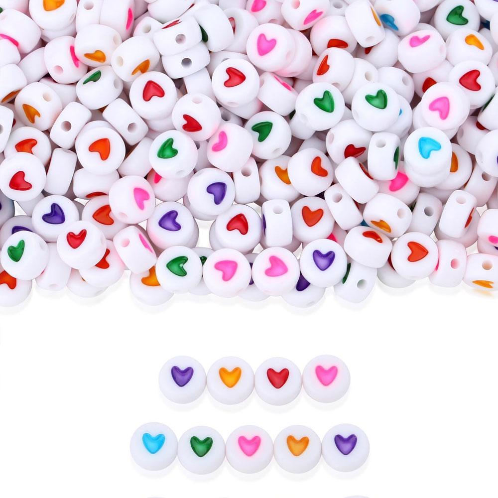 110/220/450PCS Acrylic Colored Heart Shaped White Round Bracelet Beads 4x7mm Jewelry Making Bracelet Necklace Heart Beads