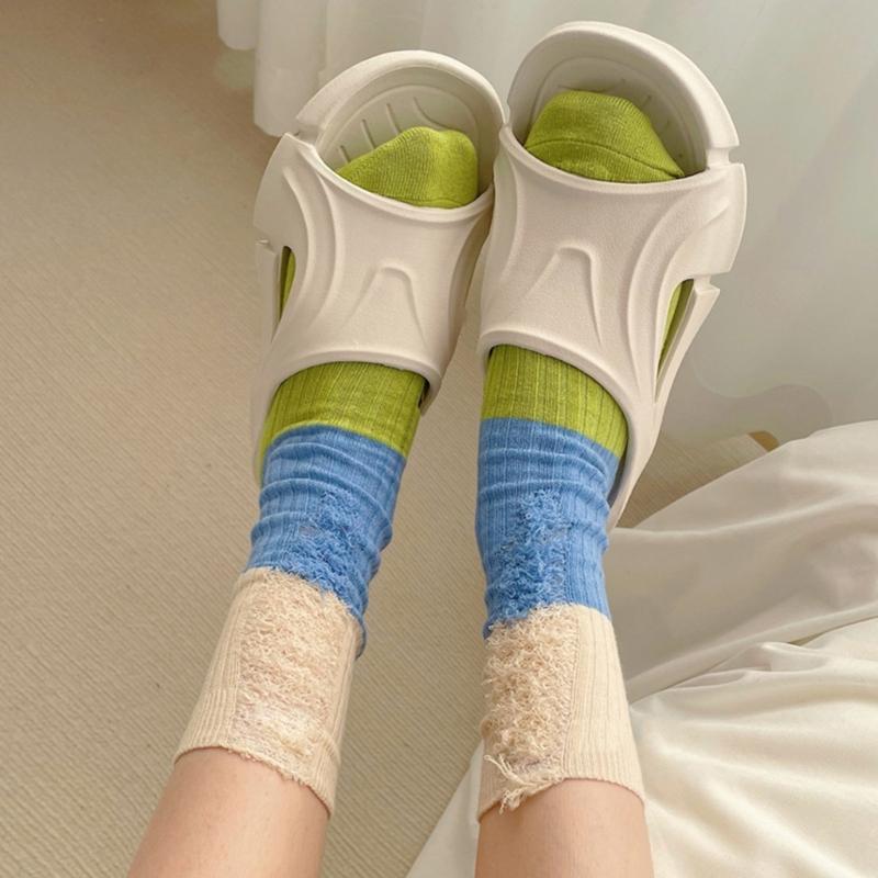 Women Men Ripped Destroyed Crew Socks Harajuku Personality Hollow-Out Holes Tassel Colorblock Cotton Calf High Socks