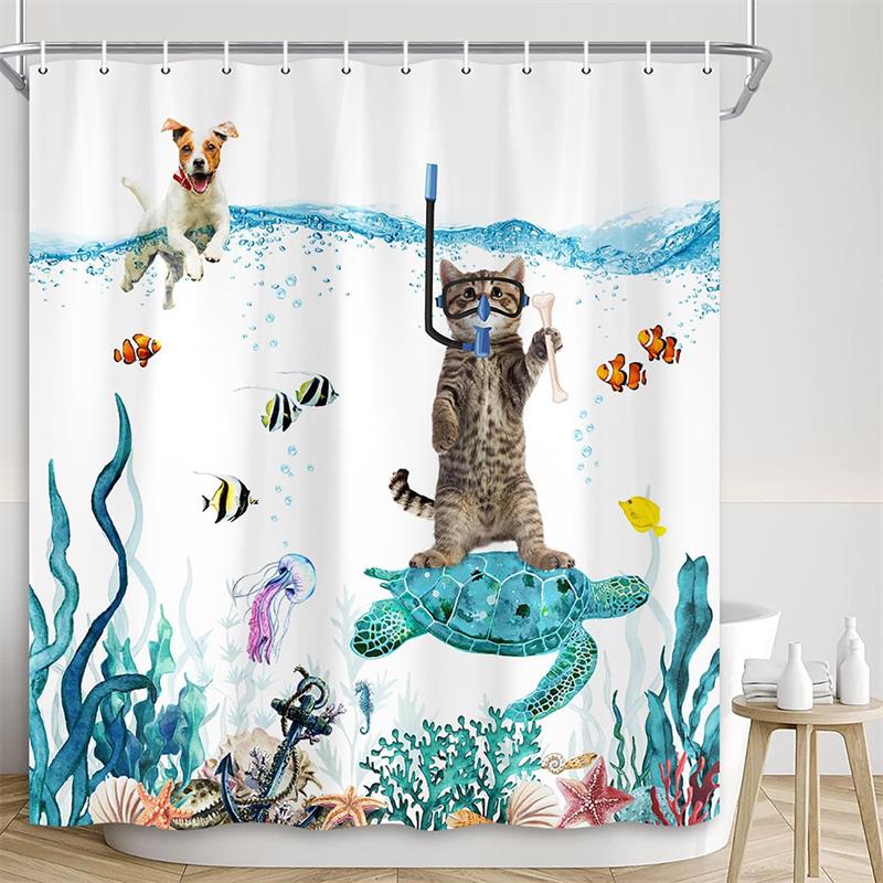Funny Diving Cat Shower Curtain Whale Sea Turtle Seahorse Fish Coral Ocean Animals Underwater Scenery Children Bathroom Decor