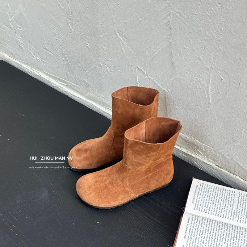 The first layer of cowhide~ genuine leather retro matte round-headed short boots women's soft-soled boots two wear flat-bottomed Martin boots