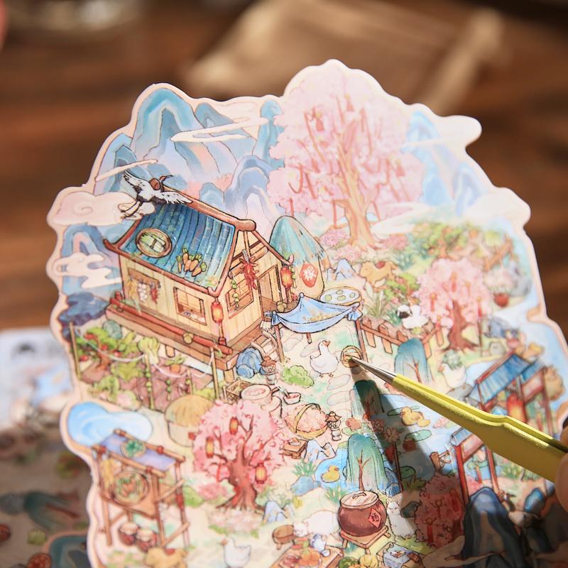 4Pcs PET Landscape Flat Sticker Rating National Style Handbook Paper Material Landscape Rating Pack Fun Paper Stationery