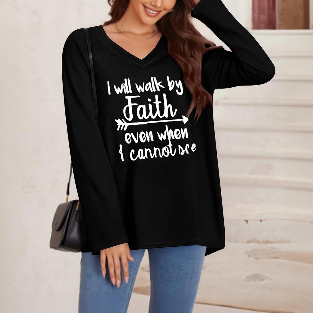 Women's Casual V-Neck Long-Sleeve Printed Letter Sweatshirt