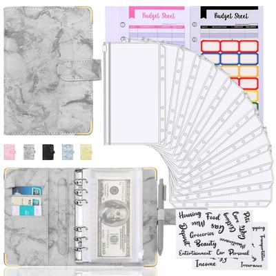 Loose-leaf Binder Marble Cover A6 Binder with Protective Corner Zipper Pockets Cash Envelopes for Budgeting Money Storag