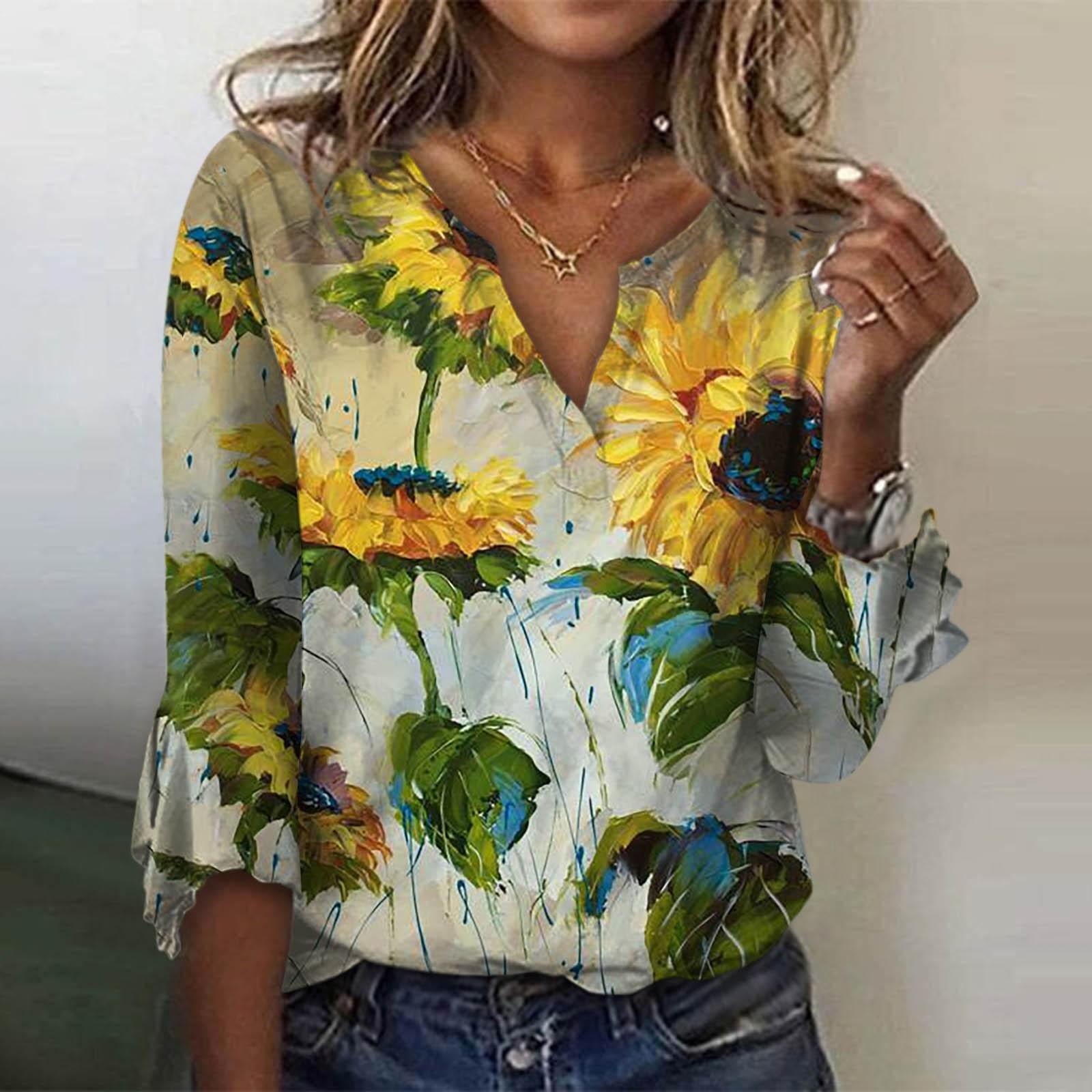 

Женская свободная повседневная футболка с v-образным вырезом и рукавами три четверти, кружевная футболка с цветочным принтом, топ M жёлтый