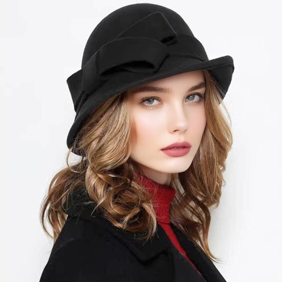 Ladies Wool Felt Bucket Hat Vintage Cloche Fedora Hat Female Bowler Hat with Bow Winter Wedding Church Jazz Cap