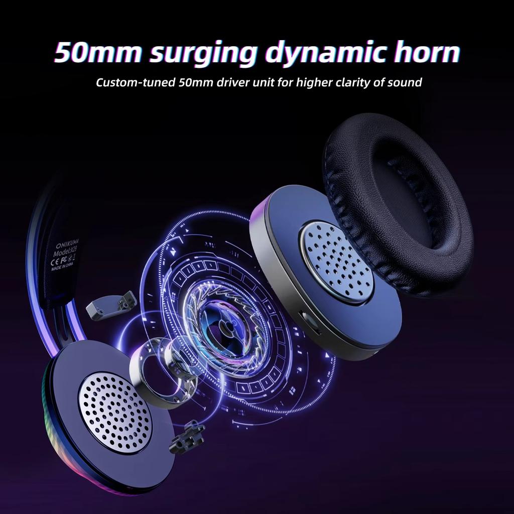 אוזניות גיימינג חוטיות Onikuma X29 עם תאורת RGB מותקנת על הראש, אורך כבל 2.2 מטר