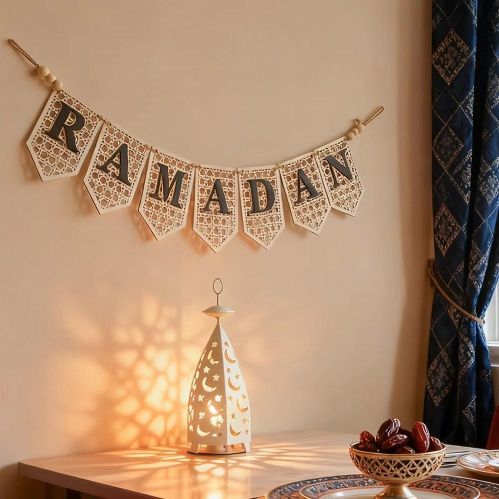 Rustic Eid Wall Hanging Hollowed Wooden Letter Banner Creative Ramadan Decor Pendant  Door Decor