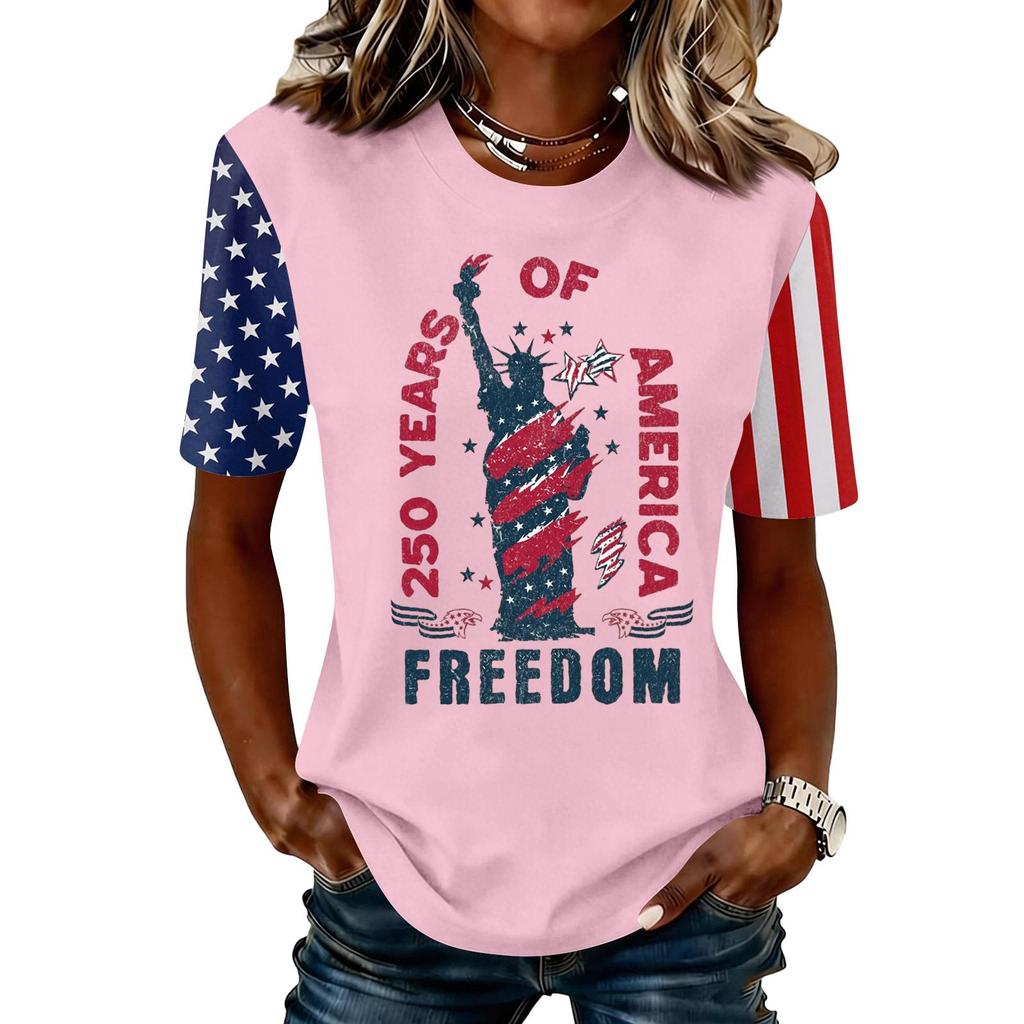 Blusa Feminina da Moda Casual de Manga Curta com Estampa e Gola Redonda