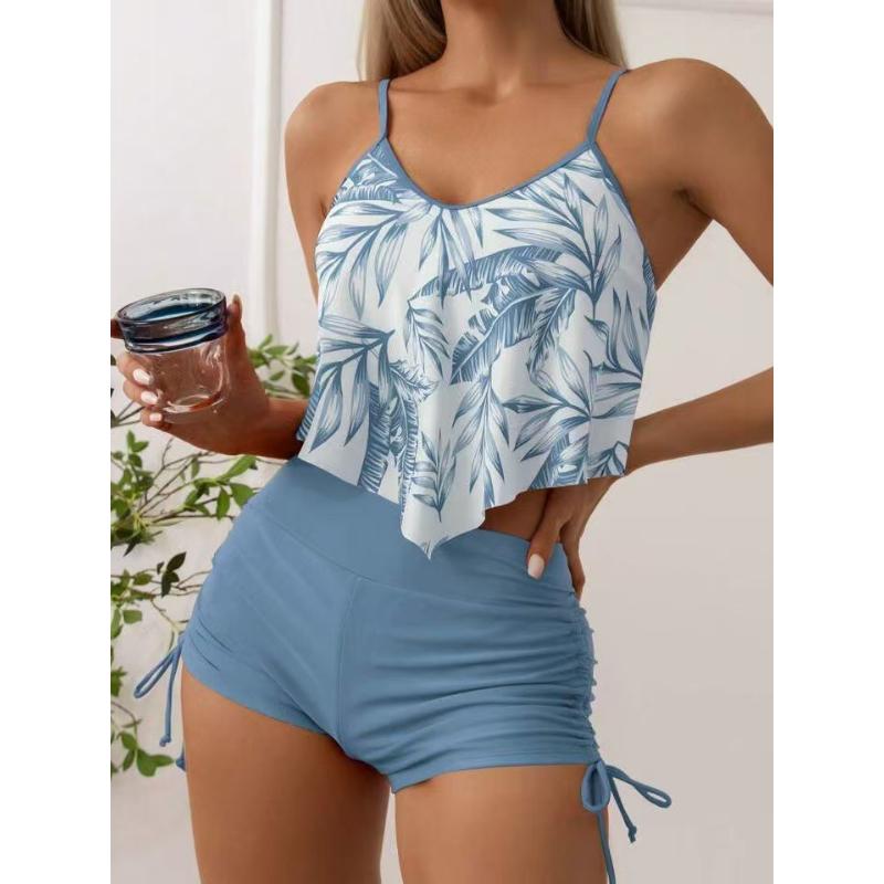 Costum de baie sexy cu talie înaltă, bikini din două piese, costum de baie cu imprimeu frunze, cu bretele strânse, îmbrăcăminte de plajă, costum de baie de vară pentru femei, de mare