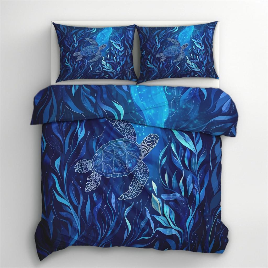 Microfiber Adults Sea Turtle Duvet Cover Double 3D Blue Turtle Watercolored Printed 2 Pieces Bedding Set For Boys And Girls