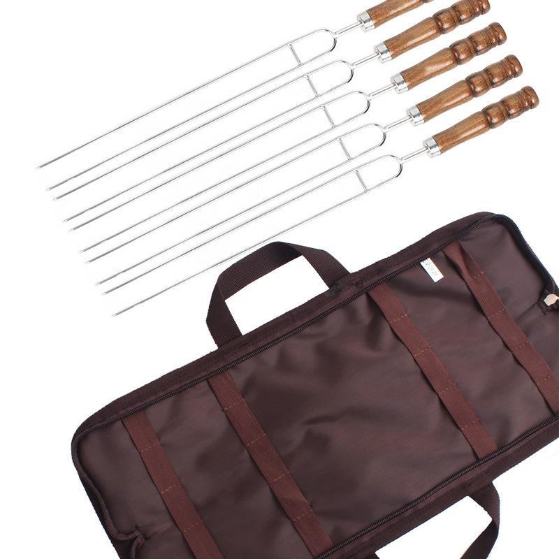 5Pcs Outdoor BBQ Grilled Fork Stainless Steel Signature Wooden Handle U-type Needle Picnic Barbecue Fork Rotisserie Long Skewers