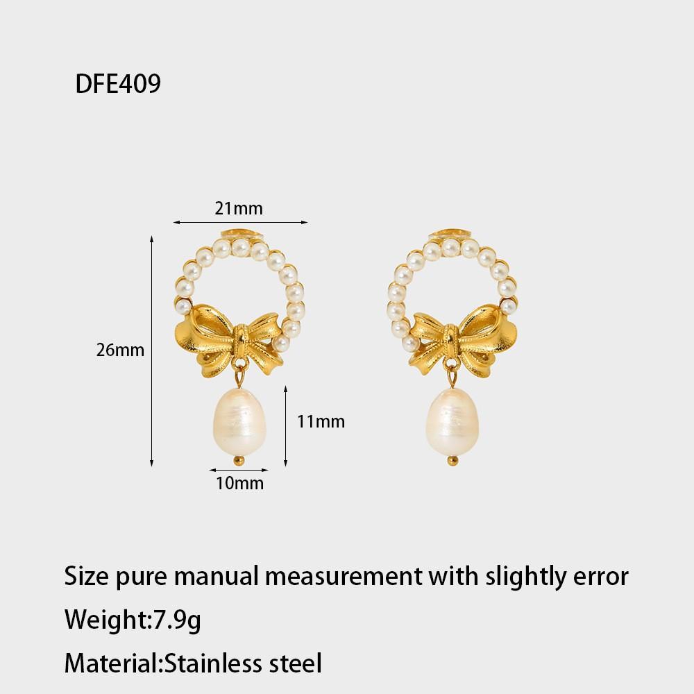 Retro-plated 18K gold stainless steel imitation pearl set bow flower stud earrings necklace non-fading jewelry