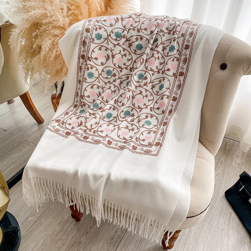 Pattern embroidery flower imitation cashmere scarf shawl ethnic style travel thickened warm cape cape long towel fringed woman