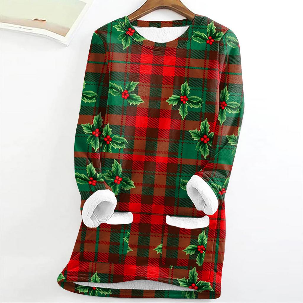 Women's Fashion Plaid Print Round Neck Long Sleeve Plush Winter Warm Pullover Top