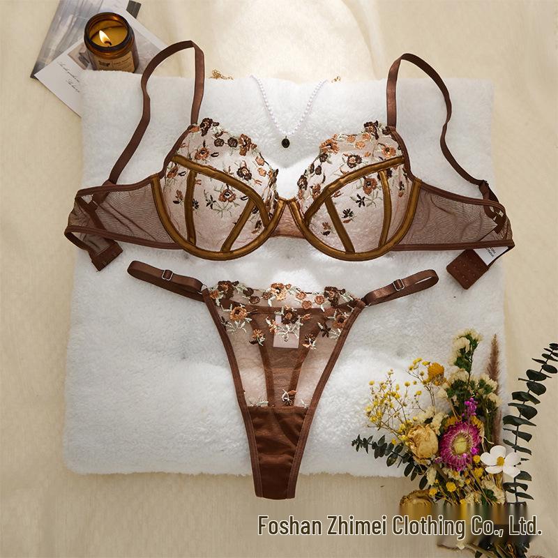 Y French Embroidered Underwire Bra Set - Ultra-thin, Sheer Three-point Lingerie 24088