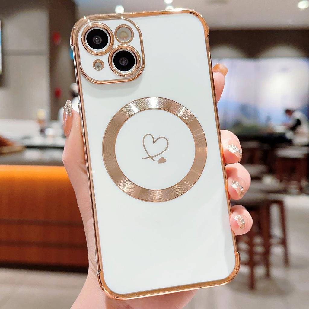 For iPhone 15 Case Compatible with MagSafe Electroplated TPU Phone Cover Hollow Love Hearts