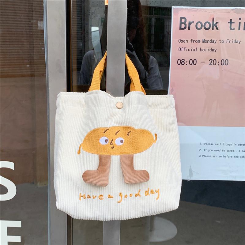 

Stylish Feminine Corduroy Lunch Bag For Women With Magnetic Snap And Embroidery Bread Legs